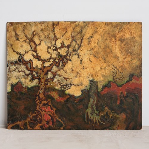 Dramatic Tree Landscape, Vintage Original Expressionist Oil Painting, 1970S