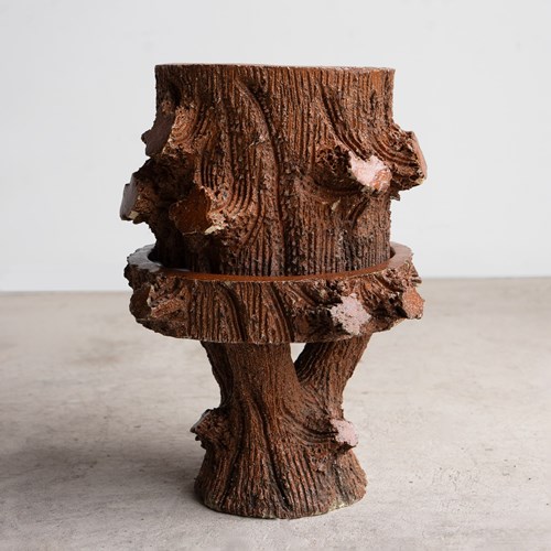 Antique Victorian Salt Glazed Stoneware Faux Bois Planter On Stand, 19Th Century