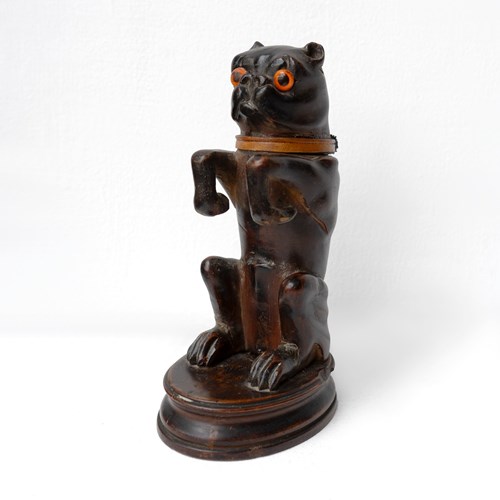Antique Black Forest Carved Wooden Pug Inkwell, 19Th Century Dog Carving