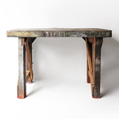 Vintage Zinc Topped Wooden Work Table, Mid 20Th Century