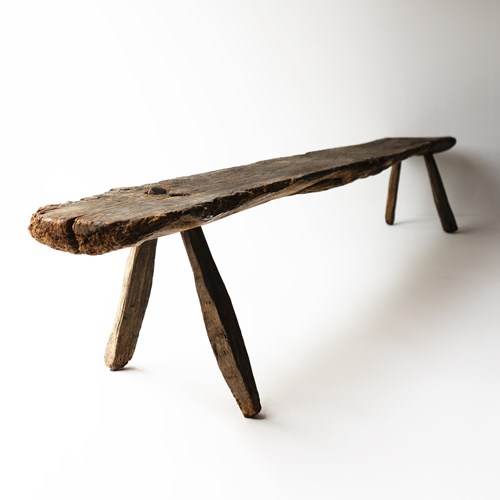 Primitive Antique Pig Bench, Long Single Slab Elm, 18Th Century