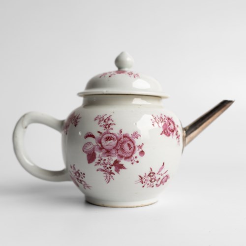 Antique Chinese Porcelain Famille Rose Teapot With Repaired Silver Spout, 18Th C