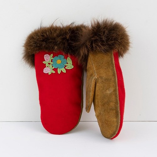 Vintage Ojibwe Beaded Felt And Moose Skin Gauntlet Mittens 1950S Native American