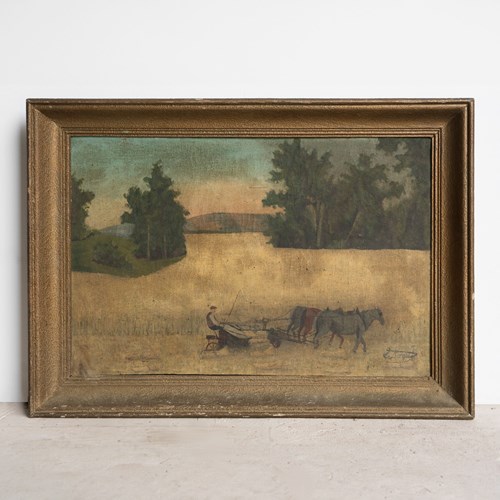 Antique Naive Summertime Haymaking Landscape, Original Oil Painting, 19Th C.