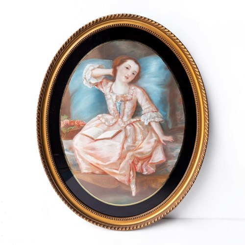 Portrait Of A Young Woman In A Pink Dress Antique Original Pastel Drawing 19Th.C