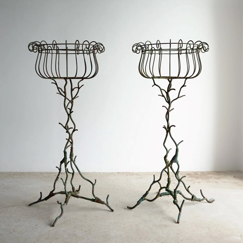 Pair Of Antique French Faux Bois Wrought Iron & Wirework Plant Stand Jardinieres