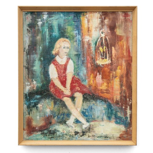 Expressionist Portrait Of A Girl With A Bird Cage, Original Vintage Oil Painting