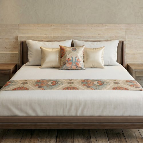 Kujaku Bed Runner And Cushion Set In Ceremonial Japanese Silk