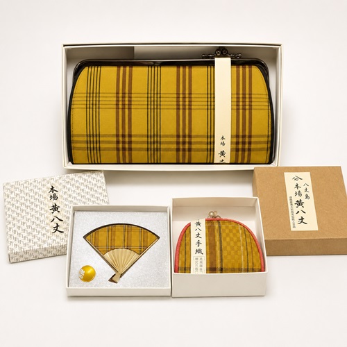 Honba Kihachijō Silk Accessory Set,Handwoven Hachijō Island Yellow Plaid Wallet