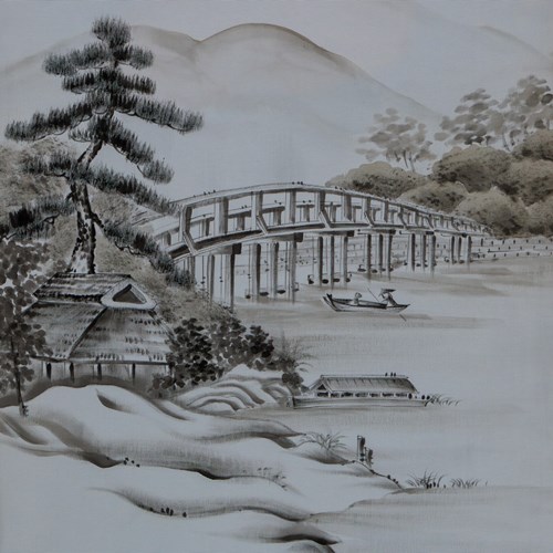 Japanese Ceremonial Silk Wall Tapestry – The Hashi-Suiboku, Bridge And Pine