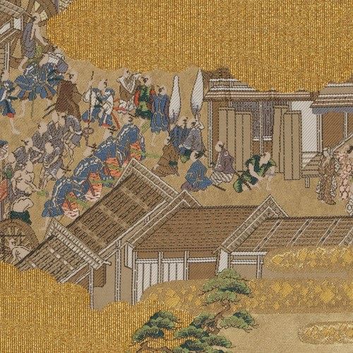 Japanese Nishijin Gold Silk Fukuro-Obi Wall Tapestry, Edo Procession Scene