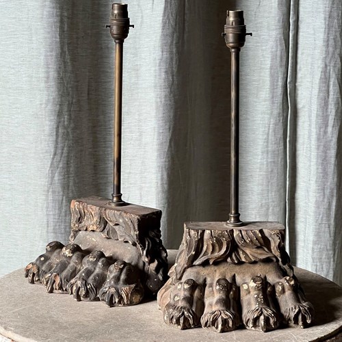 A Pair Of Carved Lions Paw Lamp Bases