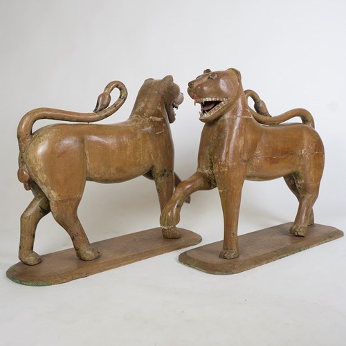 Large Pair Of 18Th Century Carved Wooden Tigers, Mughal Empire