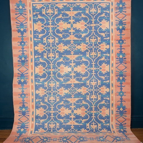 Fine Blue And Coral Dhurrie Rug