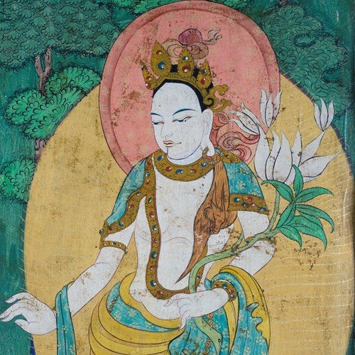 19Th Century Tibetan White Tara Painting On Wood Panel