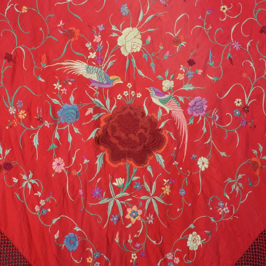 1920'S Red Silk Chinese Piano Shawl With Birds & Flowers - Decorative ...