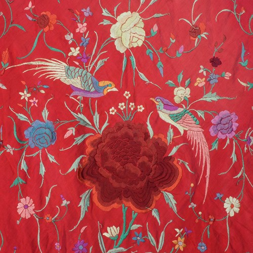 1920'S Red Silk Chinese Piano Shawl With Birds & Flowers