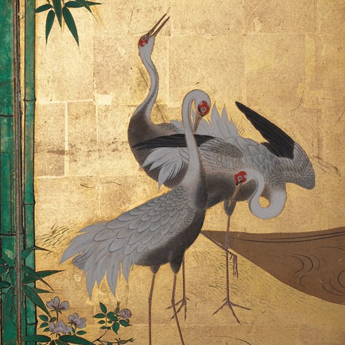 Japanese Table Screen With Cranes And Minogame