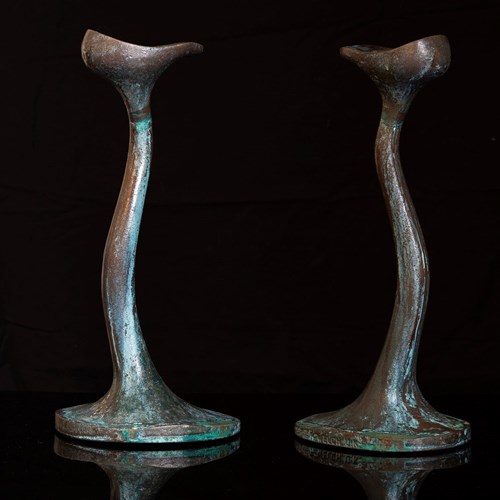 Pair Of Robert Welch Sea Drift Candlesticks In Verdigris Bronze