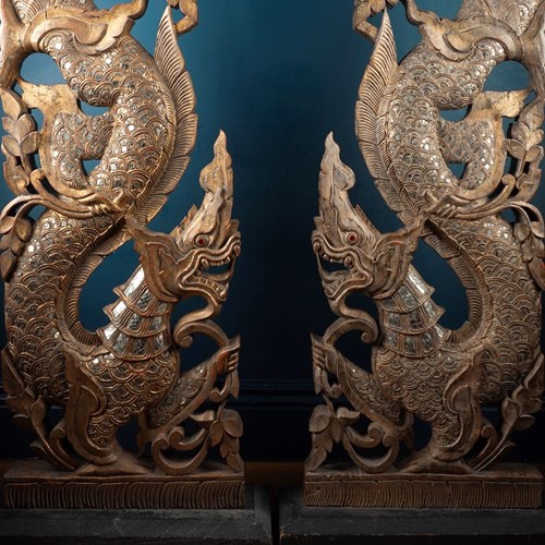 Large Carved And Gilded Pair Of Thai Temple Guardians