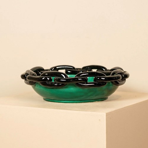20Th Century French Green Ceramic Bowl With Black Chain Detail By Vallauris