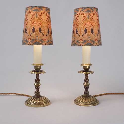 Arts & Crafts Pair Candlestick Table Lamps Brass & Porcelain, Liberty Lampshades