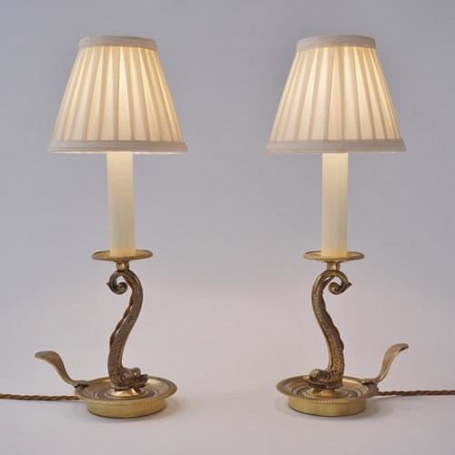 Pair Antique Gilt Bronze Dolphin Koi Fish Candlestick Table Lamps Maison Charles