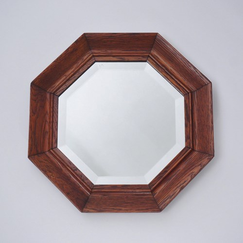 Antique Art Deco Wall Mirror, Octagonal Scalloped Solid Oak Frame, Bevelled