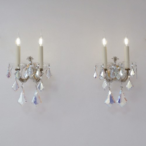 Pair Murano Glass Antique Wall Lights Sconces Iridescent Crystal Barovier & Toso