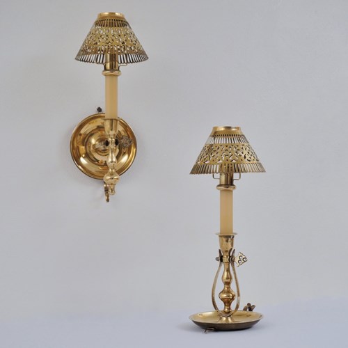 Pair Vintage Gimbal Table Candlesticks & Candle Wall Sconces, In Solid Brass 