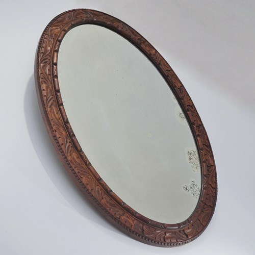 Antique Blackforest Style Large Oval Wall Mirror, Hand Carved Oak, Bevelled