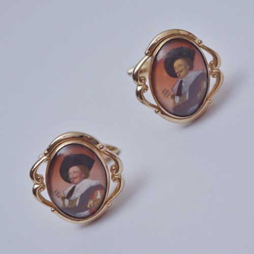 Vintage Stratton Cufflinks The Laughing Cavalier Gold & Glass Reverse Painting 