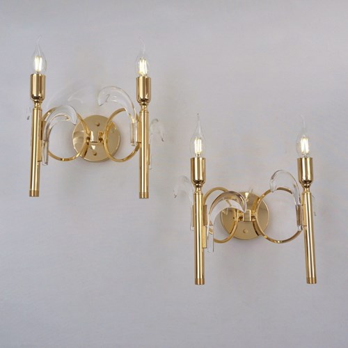 Pair Vintage Palm Tree Wall Lights Sconces Sciolari Style Crystal & Gold Rewired