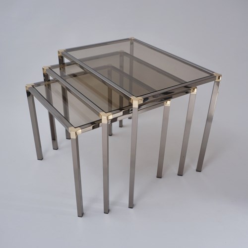 Kesterport For Harrods Vintage Nest Of Tables Graphite Chrome Gold Metal Glass 