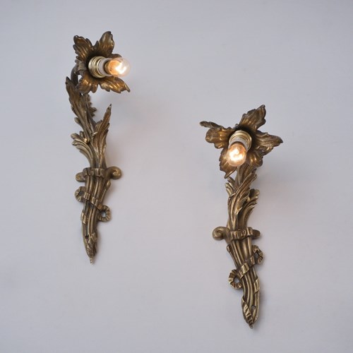 Antique Pair Art Nouveau Wall Lights Sconces, Lily Flower, Gilt Bronze, French