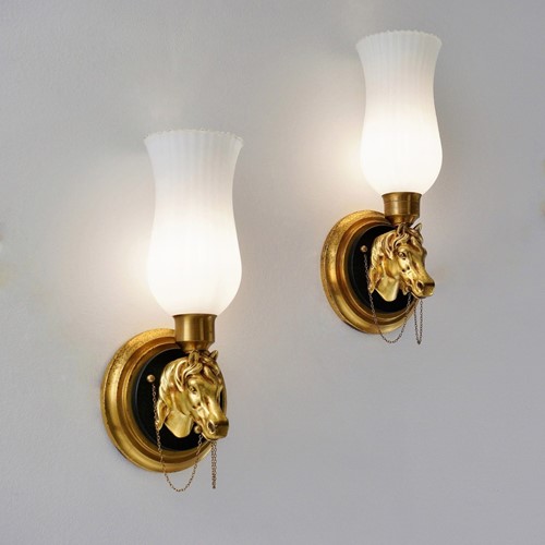 Horse Pair Sconces/Wall Lights Maison Charles, Gilt Bronze & Glass, Rewired