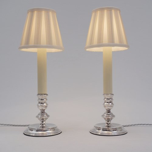 Mappin & Webb Vintage Pair Candlestick Table Lamps, Silver Plate, Signed