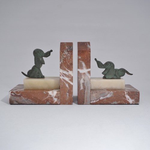 Pair French Art Deco Vintage Dog Bookends, Disney Pluto, Bronze & Marble