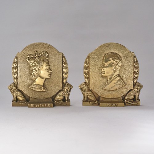 Coronation Queen Elizabeth II & Prince Philip Pair Bookends, Gilt Bronze 1953