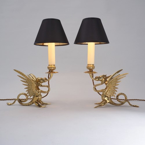 Antique Pair Arts & Crafts Candlestick Table Lamps, Welsh Dragons, Solid Brass