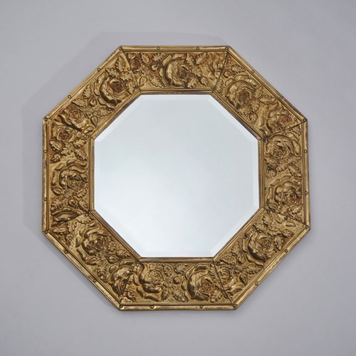 Antique Arts & Crafts Style Octagonal Wall Mirror Embossed Brass Flowers & Ferns