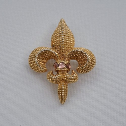 Sphinx Pin Brooch Fleur De Lis, Gold Gilt & Garnet Cabochons, With Box