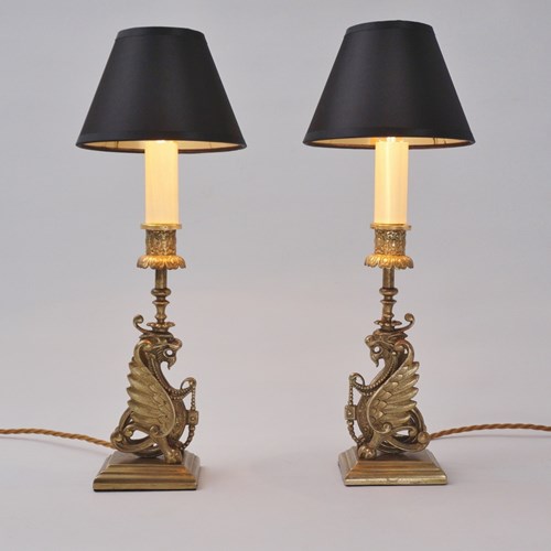 Antique Victorian Pair Gothic Revival Griffins Lions Candlestick Table Lamps 