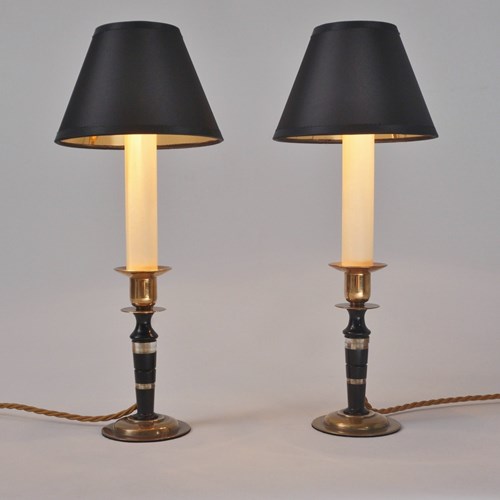 Art Deco Style Modernist Pair Candlestick Table Lamps, Bronze & Lucite