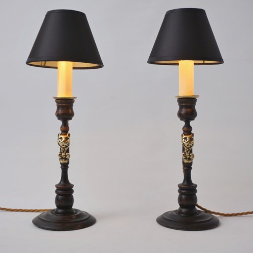 Pair Antique Candlestick Table Lamps Cheshire Cat Lewis Carroll Alice Wonderland