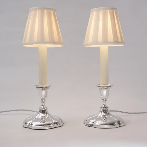 Antique Victorian Silver Plate Pair Candlestick Table Lamps By Collis & Co