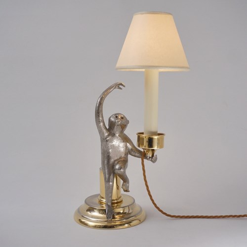 Monkey Candlestick Table Lamp By Hauy Pouigo Signed Silver Plated Bronze & Brass