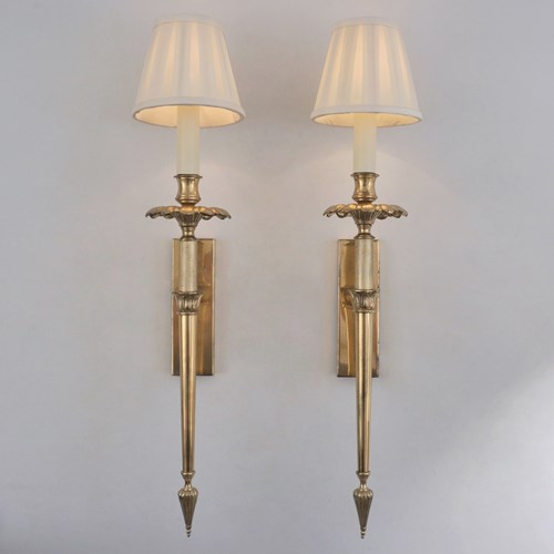 Pair Torchiere Large Wall Lights Sconces Neoclassical Brass Acanthus Leaf French