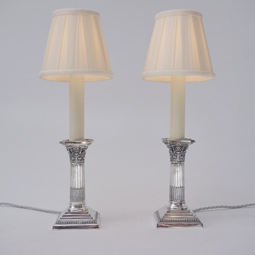 Antique Pair Corinthian Silver Plate Candlestick Lamps William Hutton & Sons 
