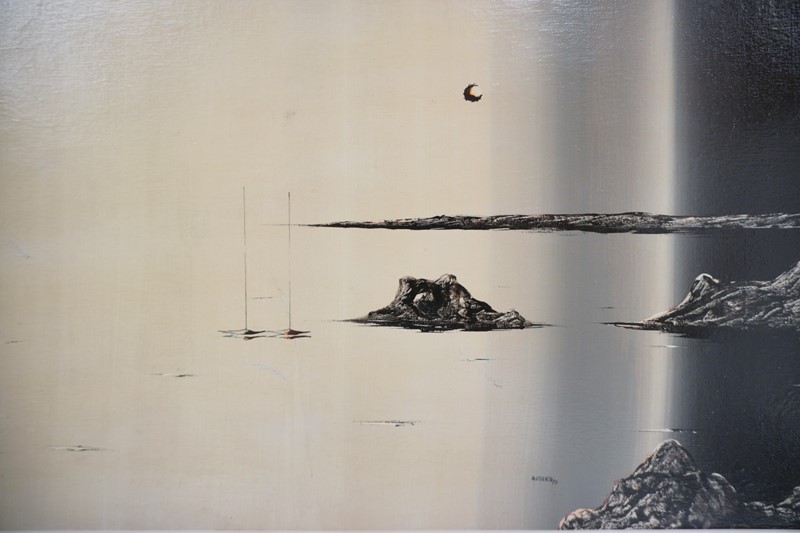 Vintage Surrealist Painting Signed Antonio Cigna, Acrylic On Canvas Boats Framed-roomscape-dsc06609-1500x1000-main-637996978958141985.jpg